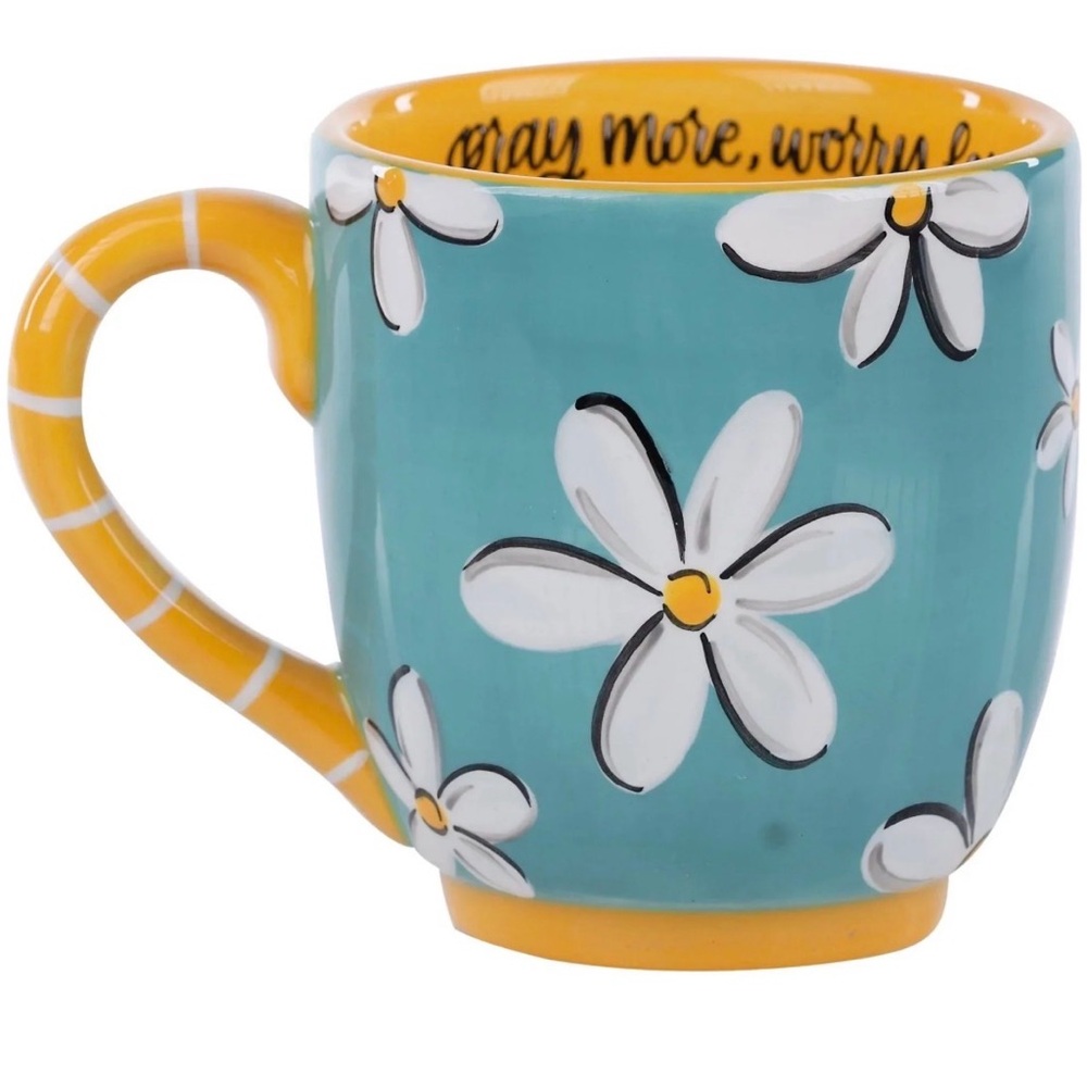 Glory Haus Pray More Floral Daisy Ceramic Coffee Mug - Turquoise and Yellow
